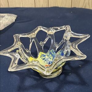 Abstract Glass Art Bowl with Yellow and Blue Accents